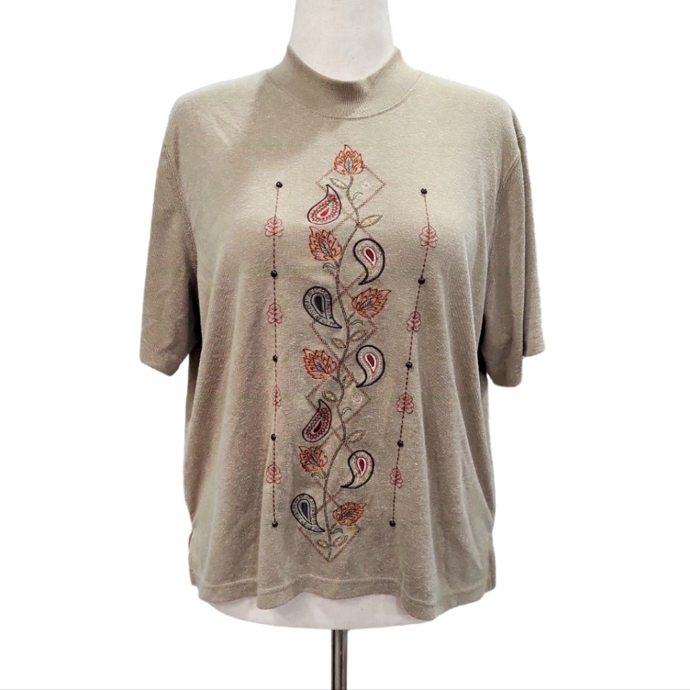 Vintage Ron Worth women's beaded floral embroidered short sleeve shirt top, LP